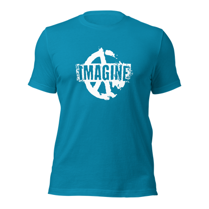 Wasserblaues T-Shirt mit Peace Zeichen Print und Imagine Schriftzug