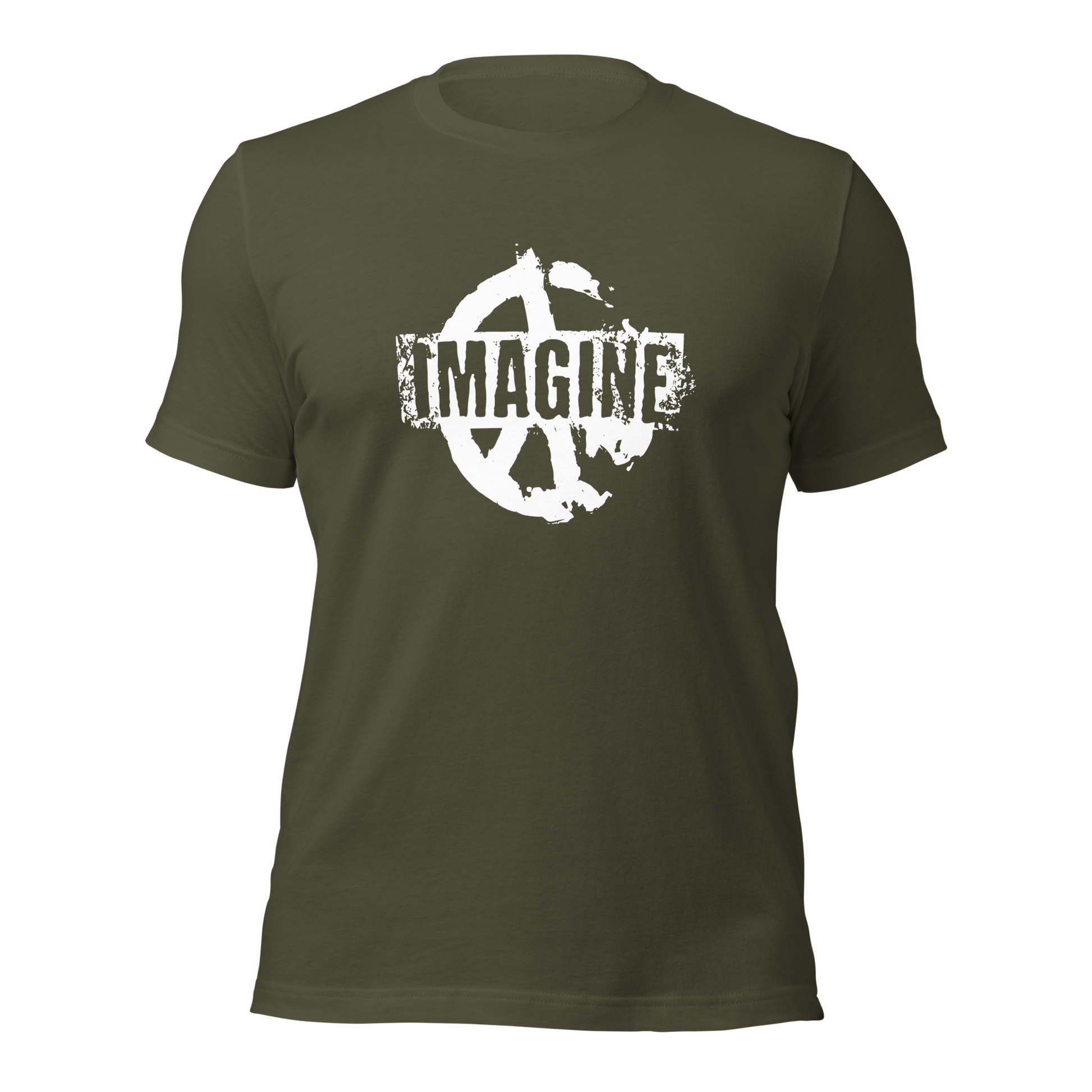 Militärgrünes T-Shirt mit Peace Zeichen Print und Imagine Schriftzug
