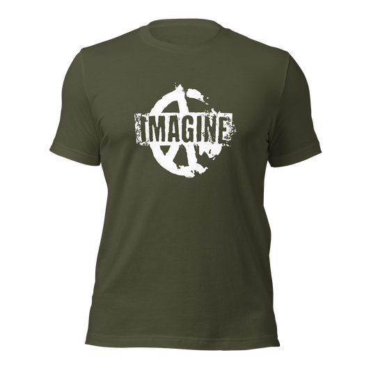 Militärgrünes T-Shirt mit Peace Zeichen Print und Imagine Schriftzug