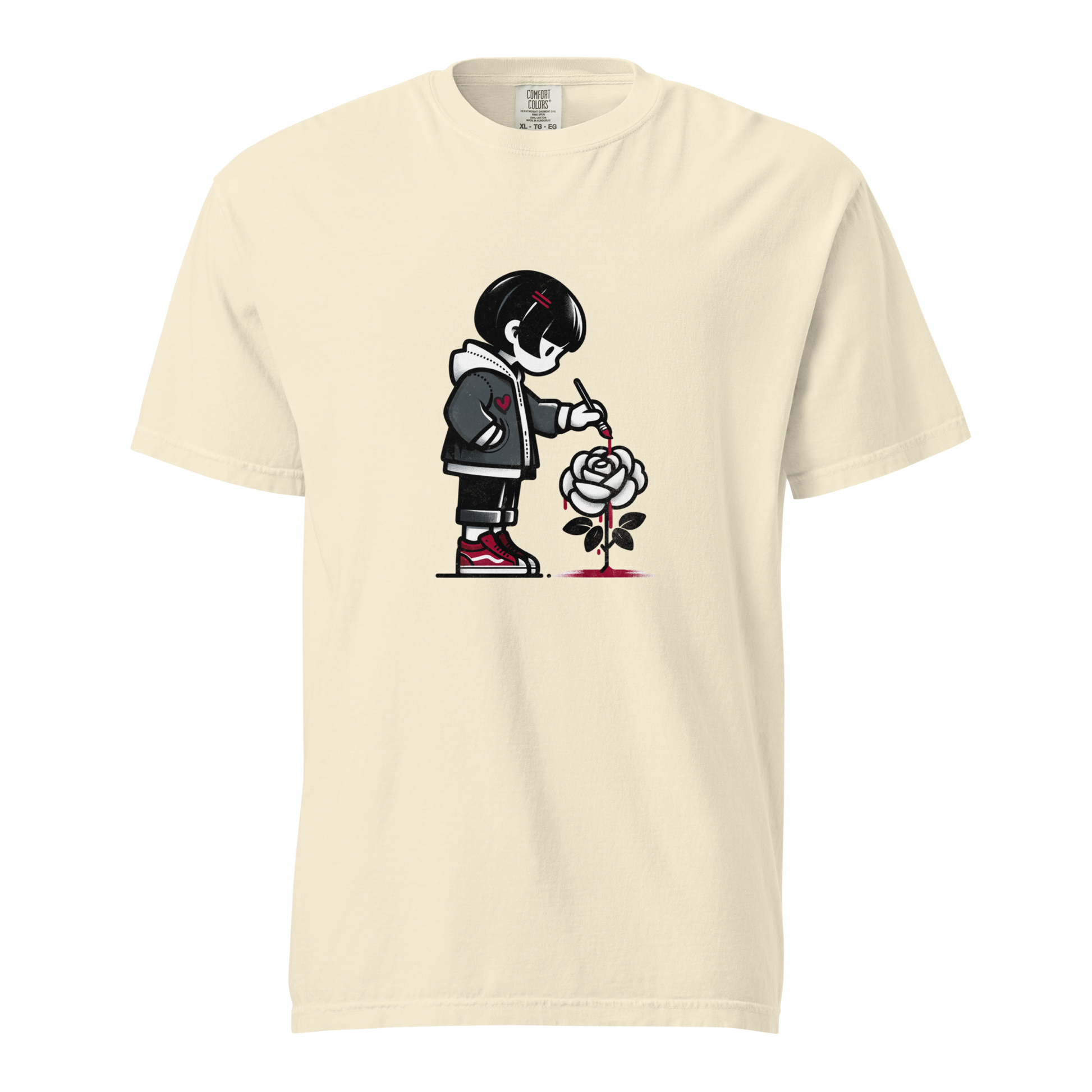 Creme farbendes Unisex T-Shirt mit Mädchen, das eine Rose rot anmalt