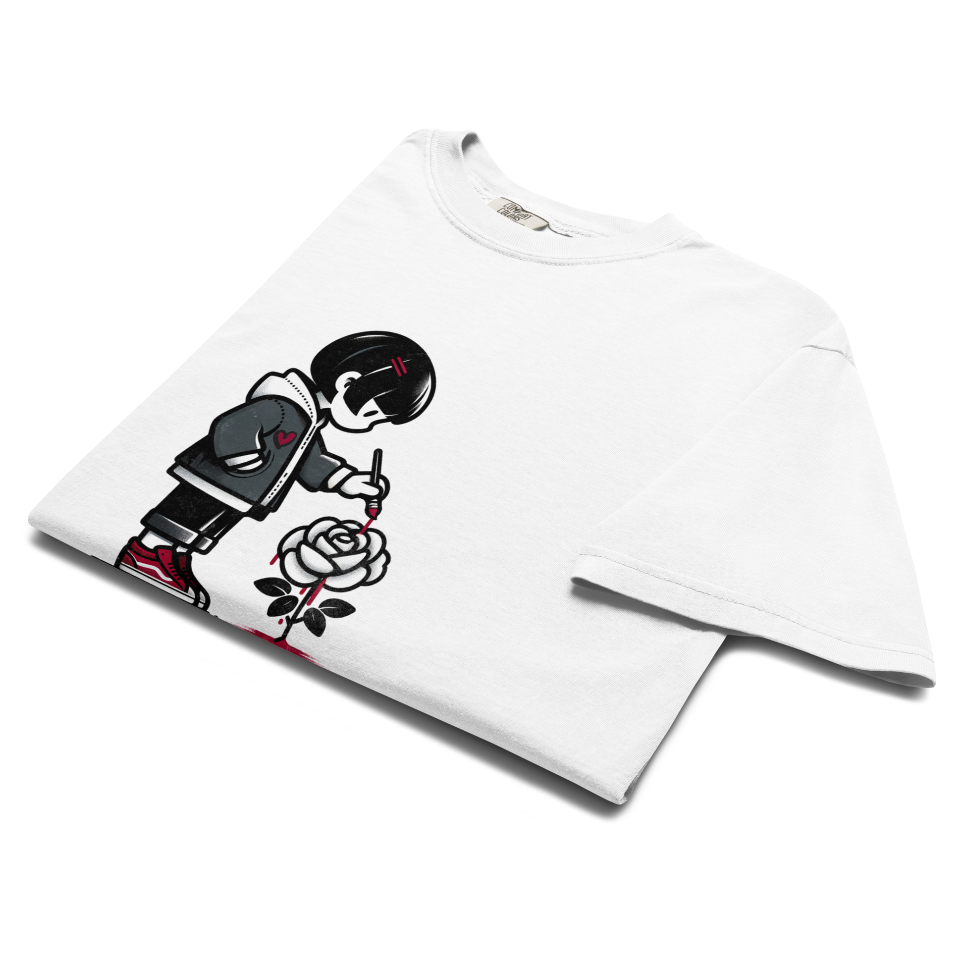 Weißes Unisex T-Shirt mit Mädchen, das eine Rose rot anmalt, Nahaufnahme