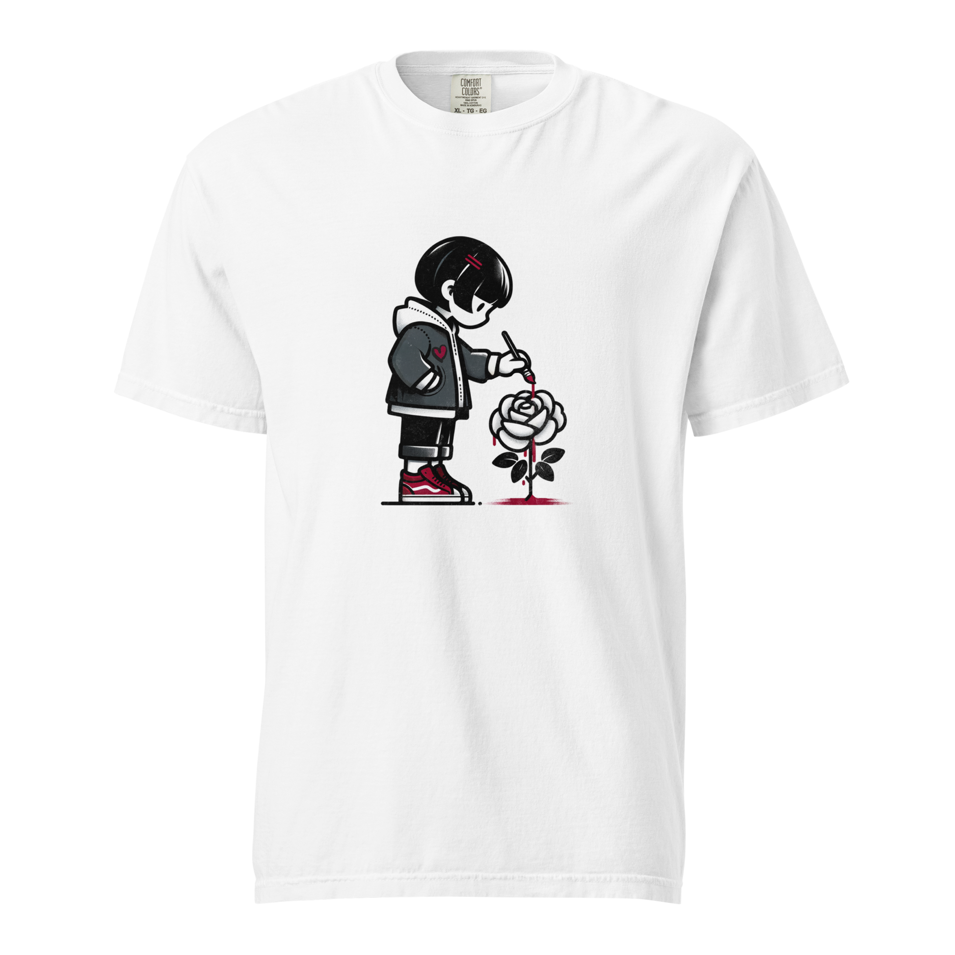 Weißes Unisex T-Shirt mit Mädchen, das eine Rose rot anmalt