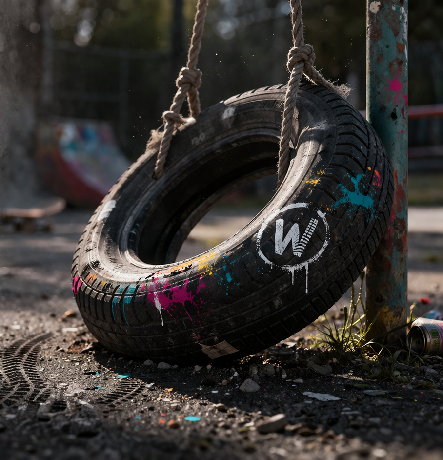 Ein Autoreifen mit WiddeWitt Logo und Farbspritzern als Schaukel