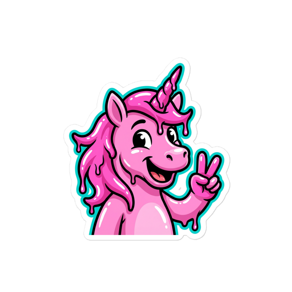 Lachendes Einhorn zeigt Peace Zeichen in Pink und mit blauer outline und farbtropfen