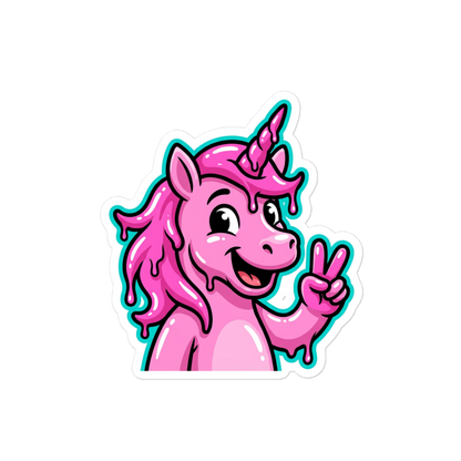 Lachendes Einhorn zeigt Peace Zeichen in Pink und mit blauer outline und farbtropfen