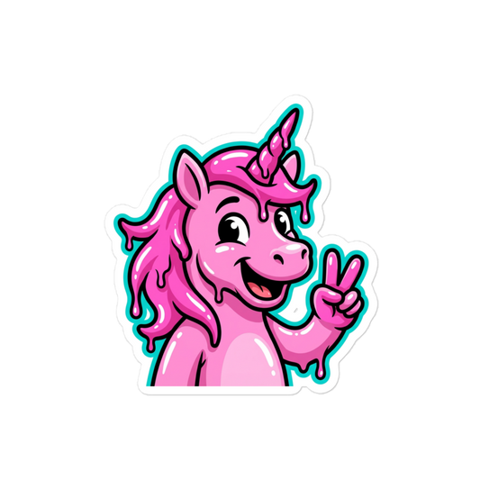 Lachendes Einhorn zeigt Peace Zeichen in Pink und mit blauer outline und farbtropfen