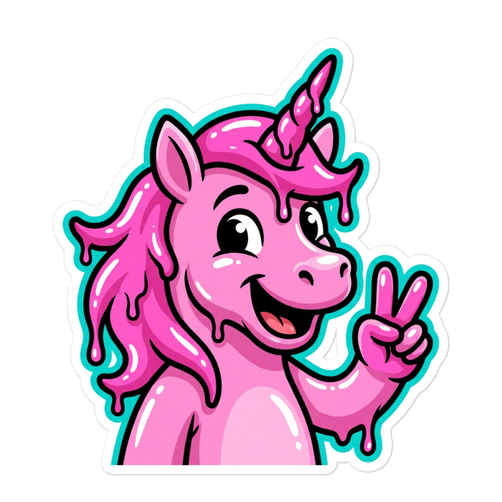 Lachendes Einhorn zeigt Peace Zeichen in Pink und mit blauer outline und farbtropfen 5.5x5.5