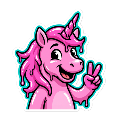 Lachendes Einhorn zeigt Peace Zeichen in Pink und mit blauer outline und farbtropfen 5.5x5.5