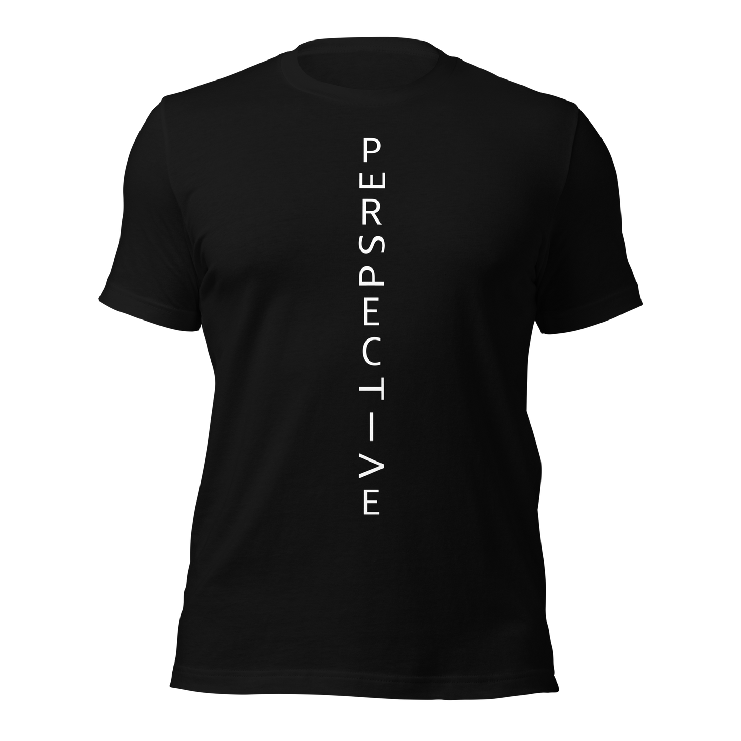 Schwarzes Unisex T-Shirt mit minimalistischem Perspective Print mit verdrehten Buchstaben