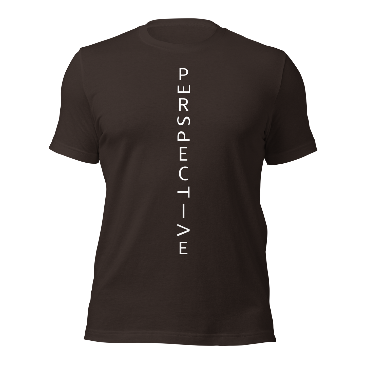 Braunes Unisex T-Shirt mit minimalistischem Perspective Print mit verdrehten Buchstaben