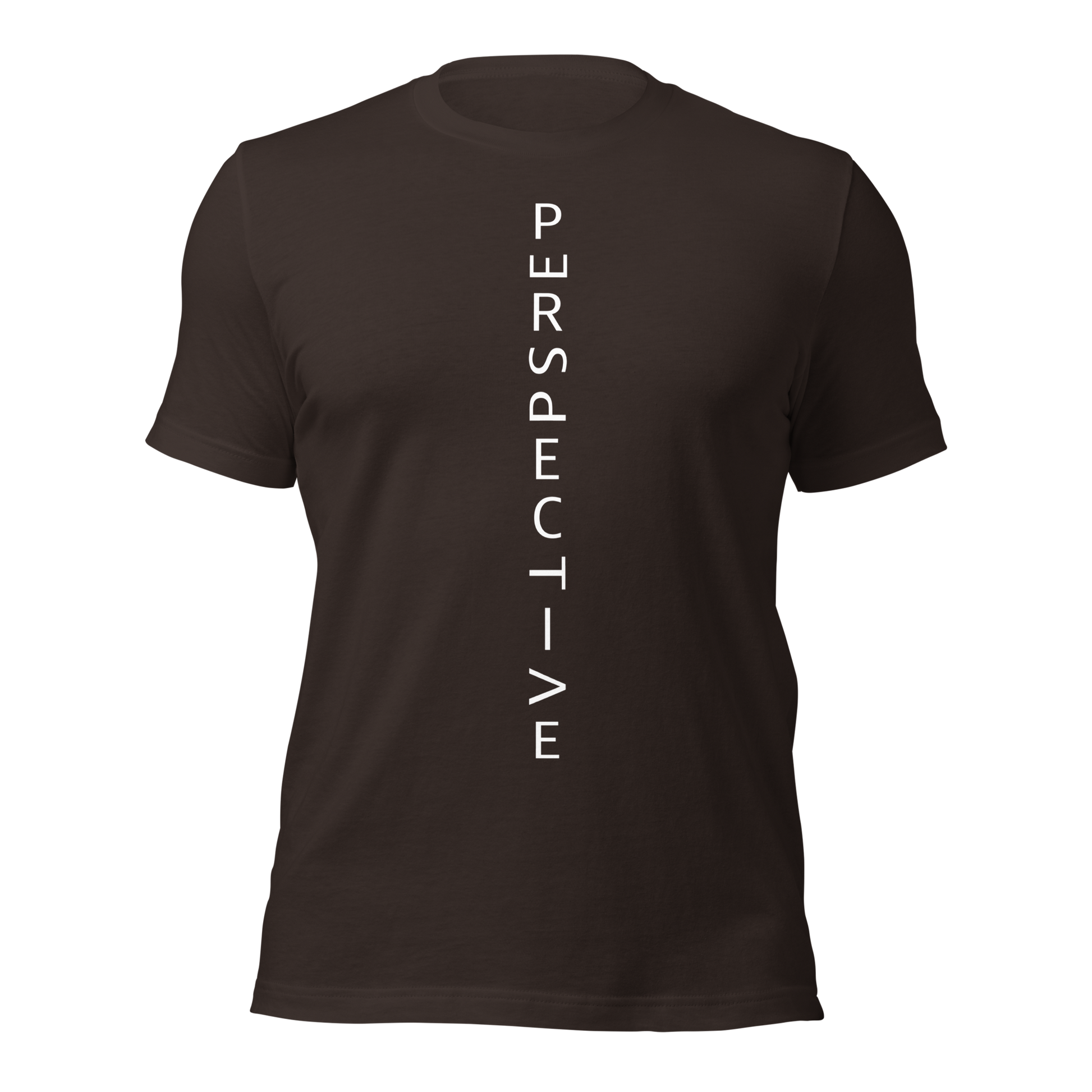 Braunes Unisex T-Shirt mit minimalistischem Perspective Print mit verdrehten Buchstaben