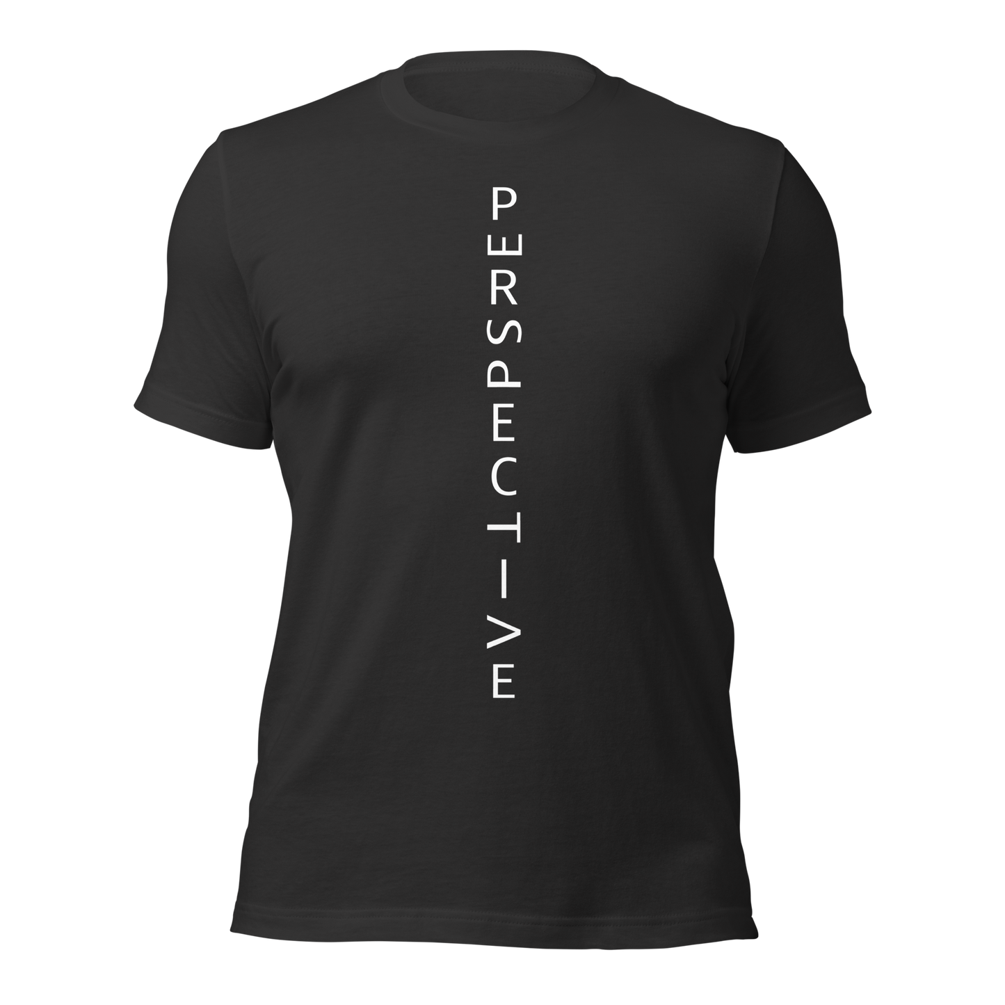 Dunkelgraues Unisex T-Shirt mit minimalistischem Perspective Print mit verdrehten Buchstaben