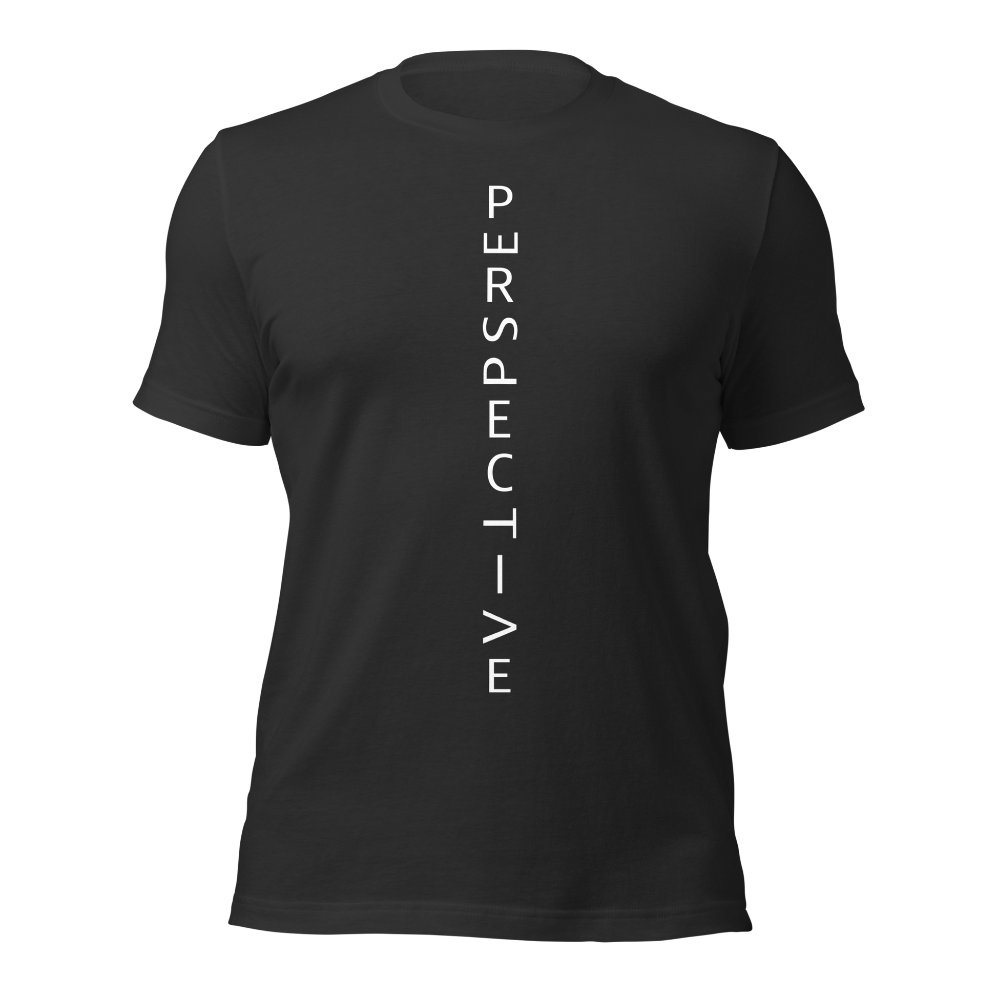 Dunkelgraues Unisex T-Shirt mit minimalistischem Perspective Print mit verdrehten Buchstaben