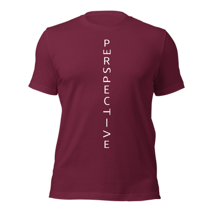 Kastanienrotes Unisex T-Shirt mit minimalistischem Perspective Print mit verdrehten Buchstaben