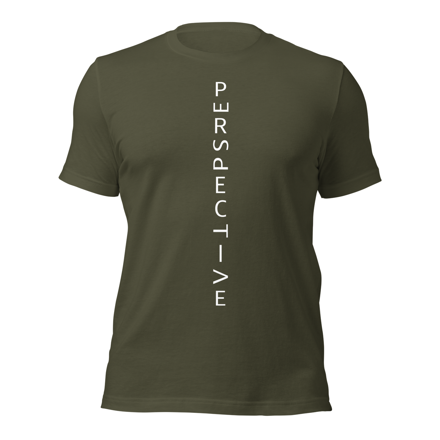 Militärgrünes Unisex T-Shirt mit minimalistischem Perspective Print mit verdrehten Buchstaben