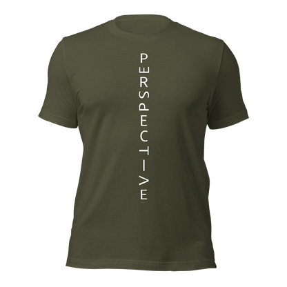 Militärgrünes Unisex T-Shirt mit minimalistischem Perspective Print mit verdrehten Buchstaben