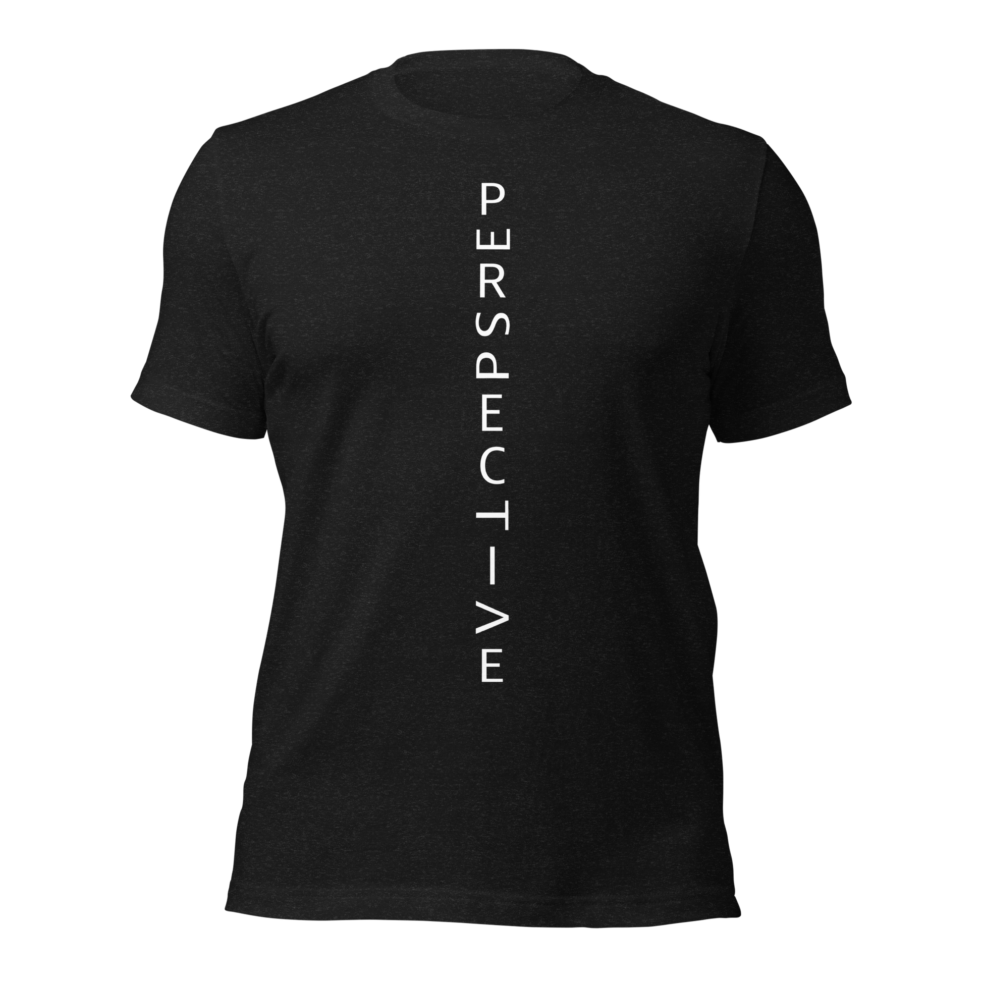 Heather schwarzes Unisex T-Shirt mit minimalistischem Perspective Print mit verdrehten Buchstaben