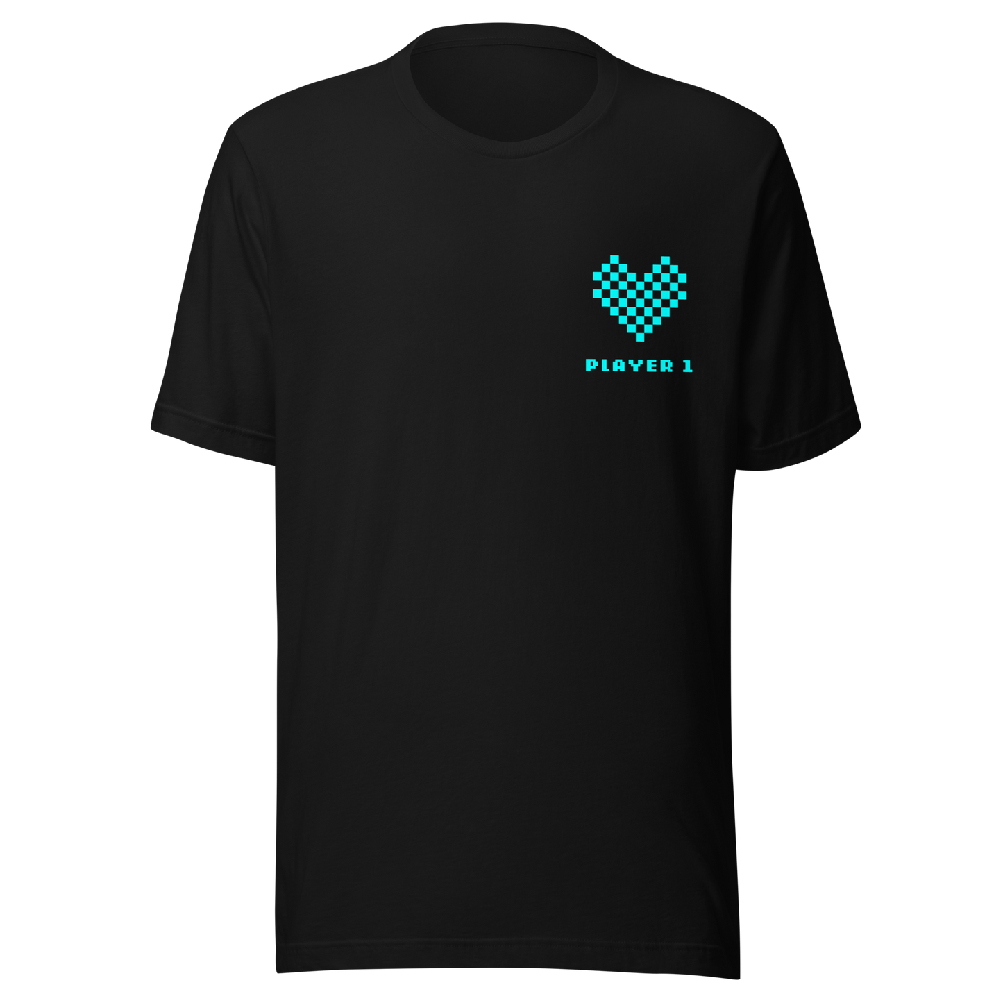 Schwarzes Partnerlook Unisex T-Shirt mit türkisem Pixel Herz und Player1 Schriftzug