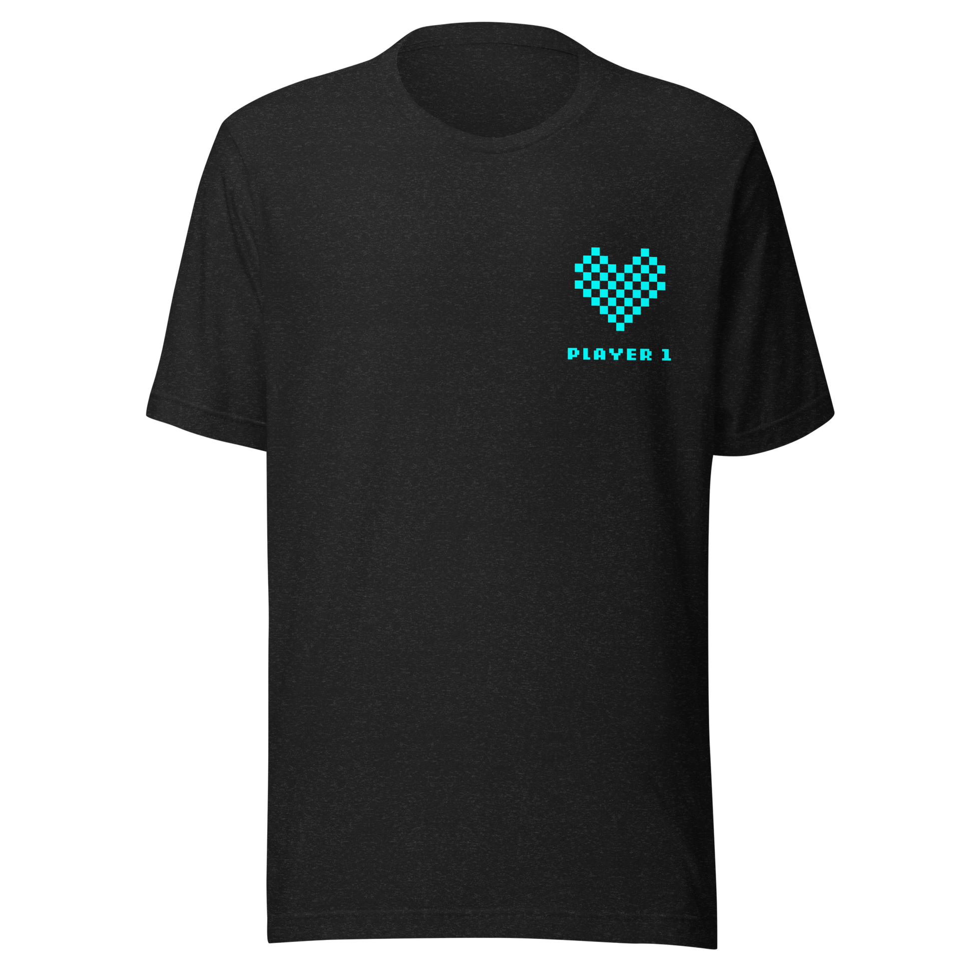 Heather schwarzes Partnerlook Unisex T-Shirt mit türkisem Pixel Herz und Player1 Schriftzug