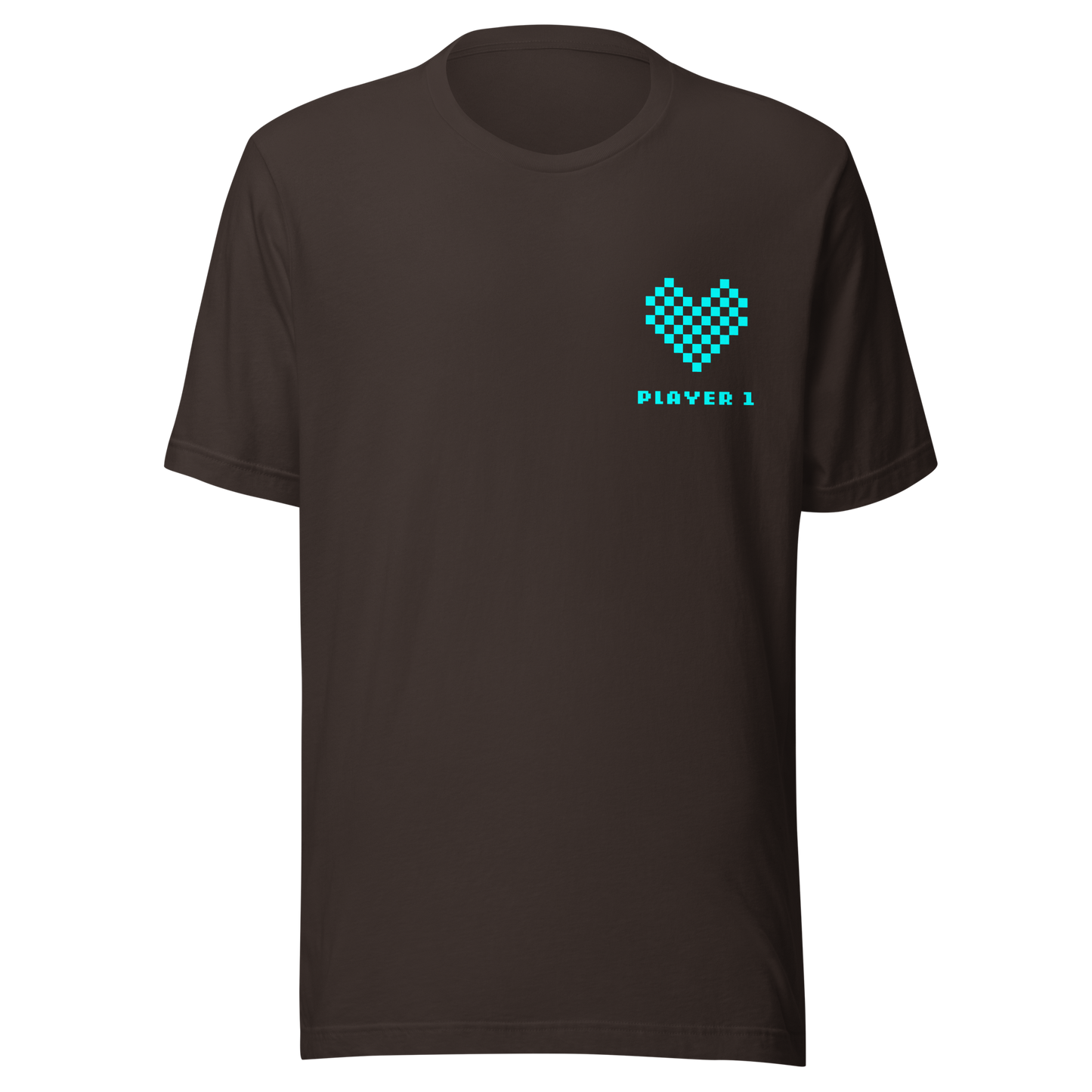 Braunes Partnerlook Unisex T-Shirt mit türkisem Pixel Herz und Player1 Schriftzug