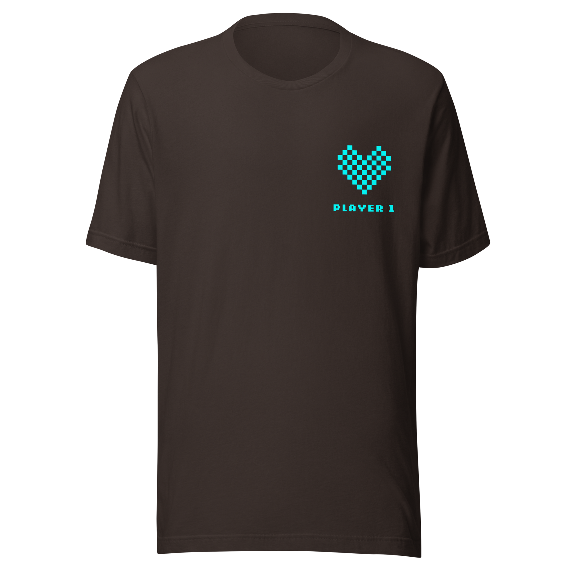 Braunes Partnerlook Unisex T-Shirt mit türkisem Pixel Herz und Player1 Schriftzug