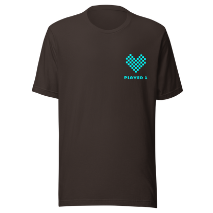 Braunes Partnerlook Unisex T-Shirt mit türkisem Pixel Herz und Player1 Schriftzug