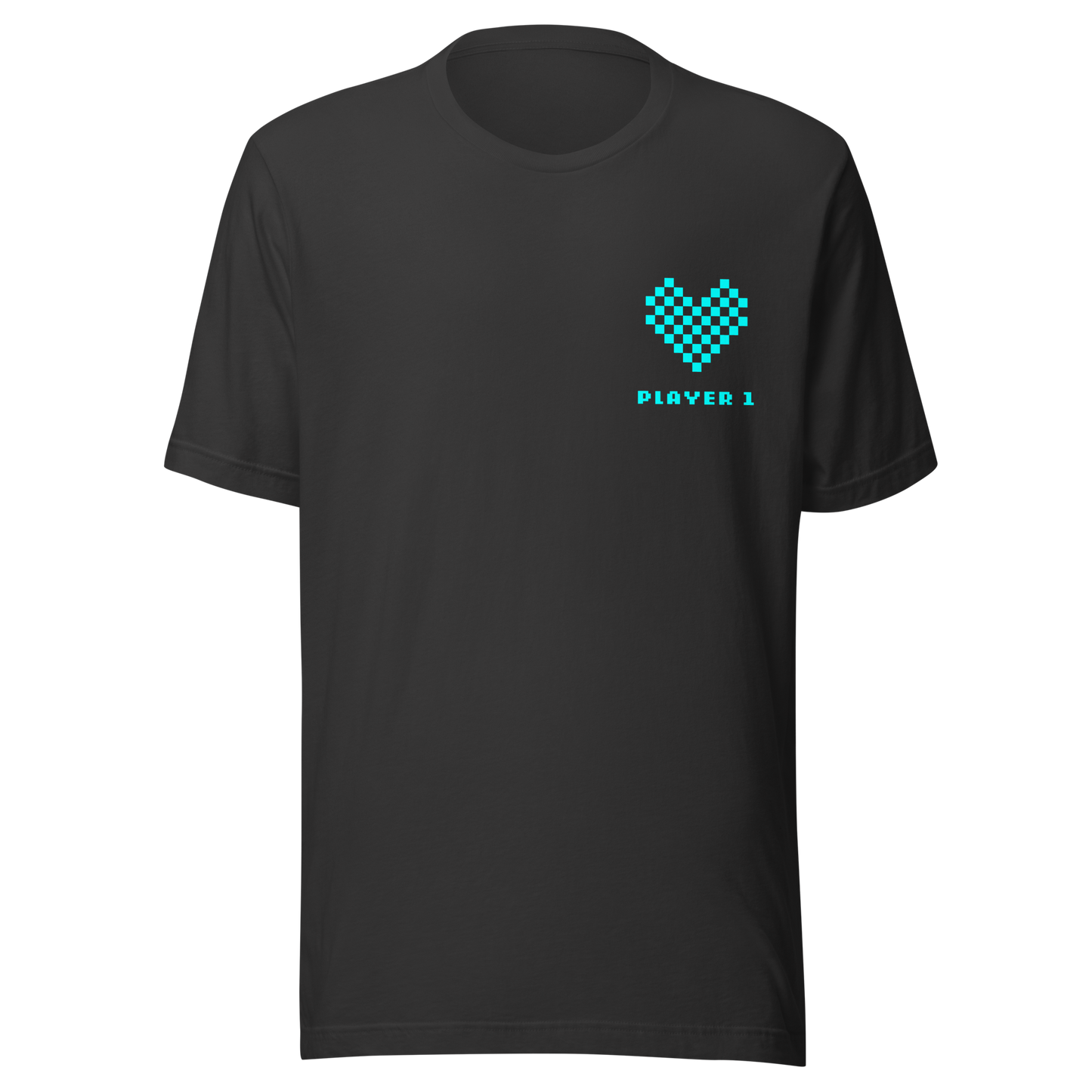 Graues Partnerlook Unisex T-Shirt mit türkisem Pixel Herz und Player1 Schriftzug