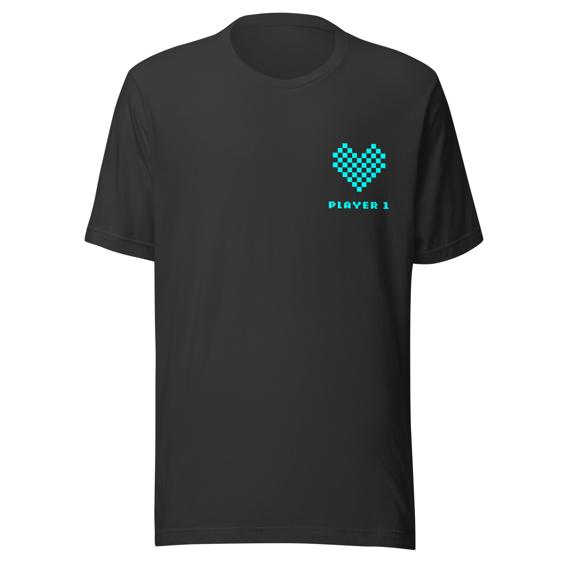 Graues Partnerlook Unisex T-Shirt mit türkisem Pixel Herz und Player1 Schriftzug