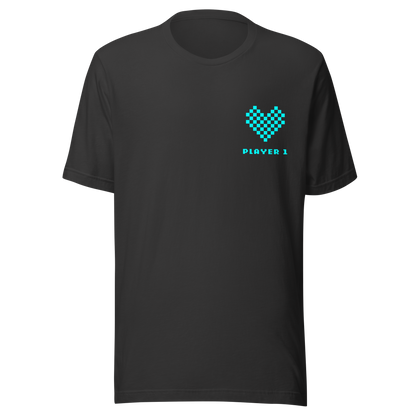 Graues Partnerlook Unisex T-Shirt mit türkisem Pixel Herz und Player1 Schriftzug
