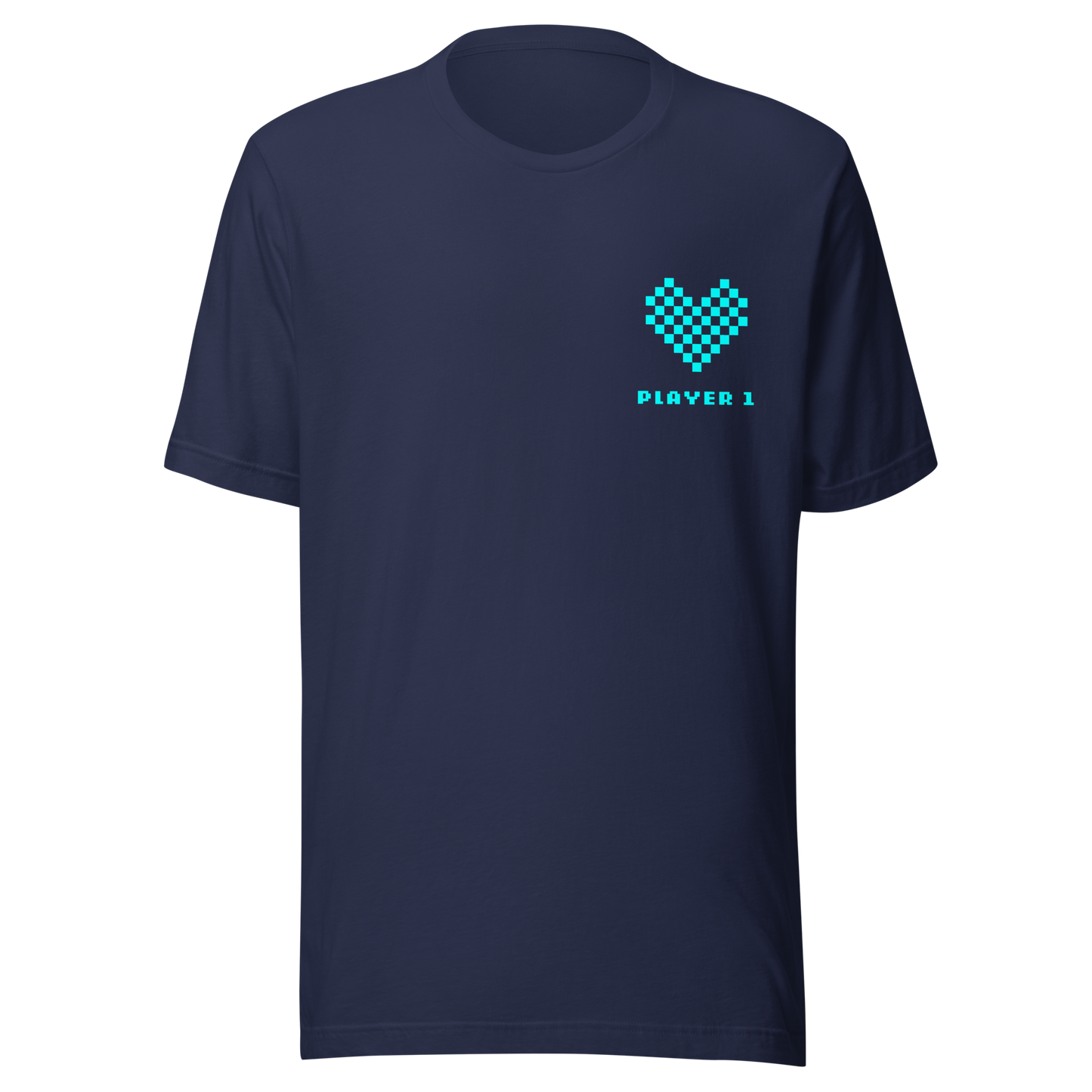 Navy Partnerlook Unisex T-Shirt mit türkisem Pixel Herz und Player1 Schriftzug