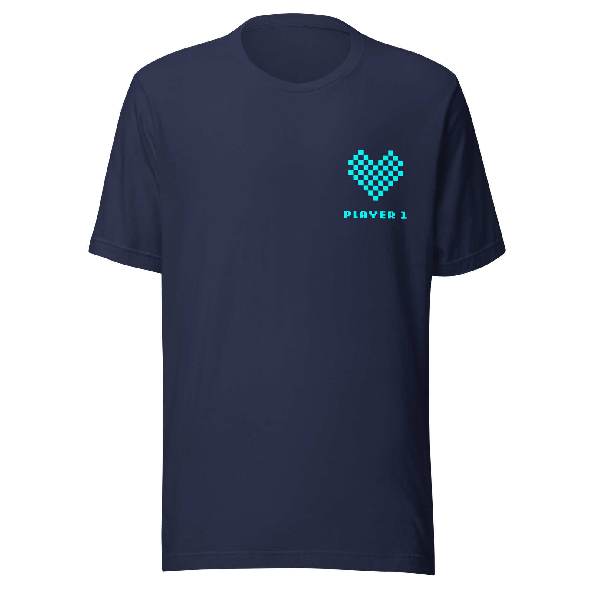 Navy Partnerlook Unisex T-Shirt mit türkisem Pixel Herz und Player1 Schriftzug