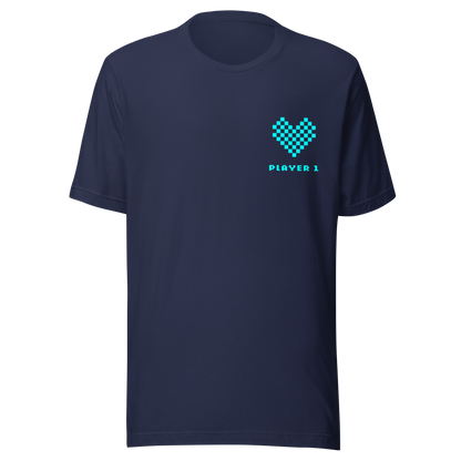 Navy Partnerlook Unisex T-Shirt mit türkisem Pixel Herz und Player1 Schriftzug