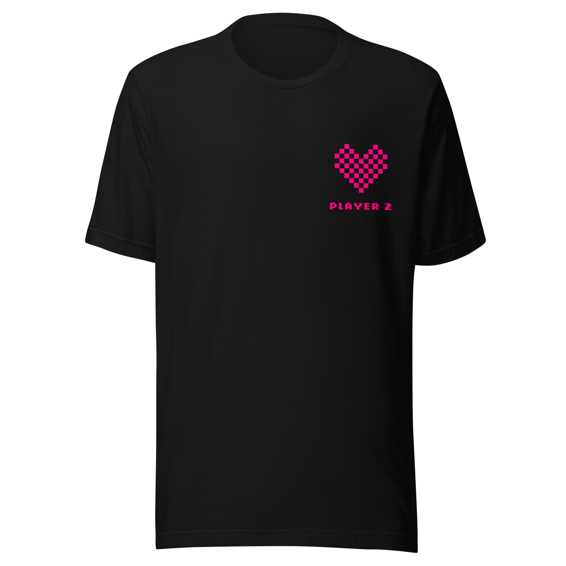 Schwarzes Partnerlook Unisex T-Shirt mit pinkem Pixel Herz und Player2 Schriftzug