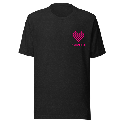 Schwarz Heather Partnerlook Unisex T-Shirt mit pinkem Pixel Herz und Player2 Schriftzug