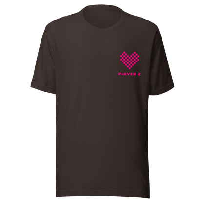 Braunes Partnerlook Unisex T-Shirt mit pinkem Pixel Herz und Player2 Schriftzug