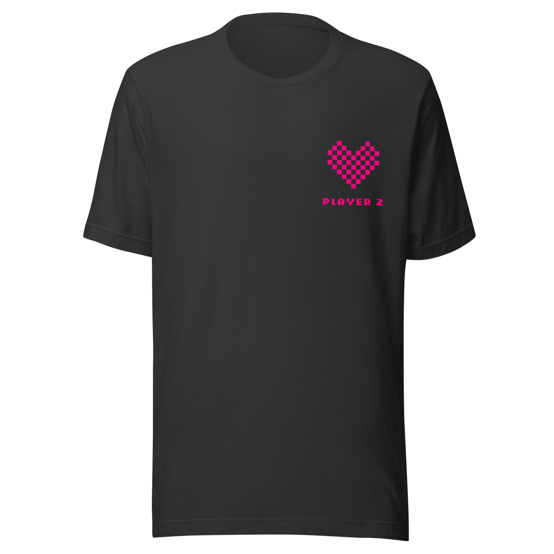 Dunkelgraues Partnerlook Unisex T-Shirt mit pinkem Pixel Herz und Player2 Schriftzug