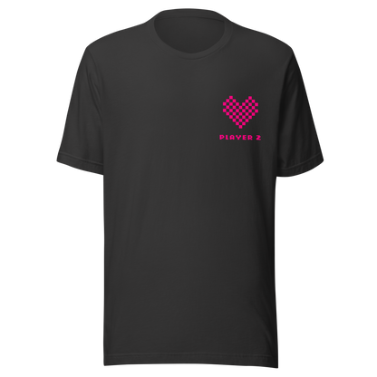 Dunkelgraues Partnerlook Unisex T-Shirt mit pinkem Pixel Herz und Player2 Schriftzug