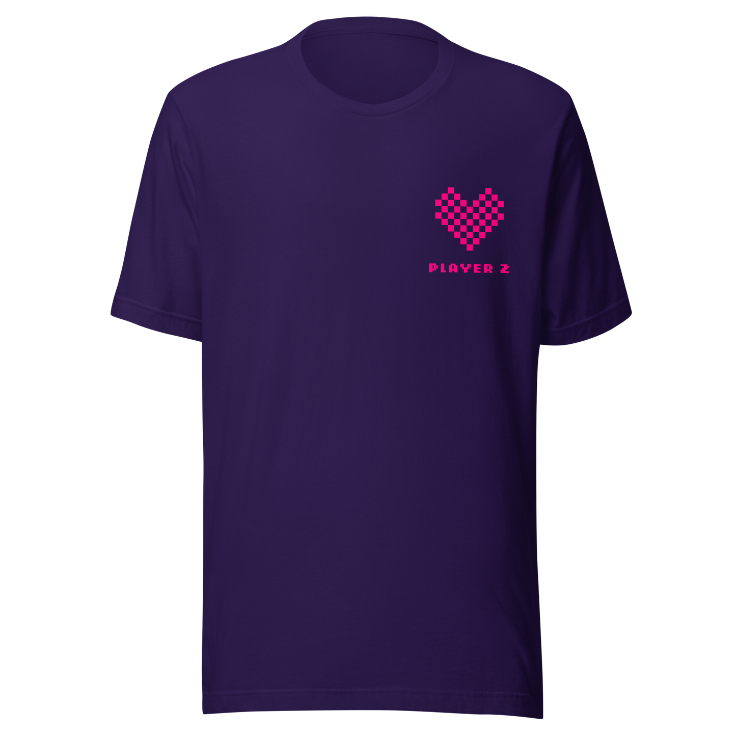 Lila Partnerlook Unisex T-Shirt mit pinkem Pixel Herz und Player2 Schriftzug
