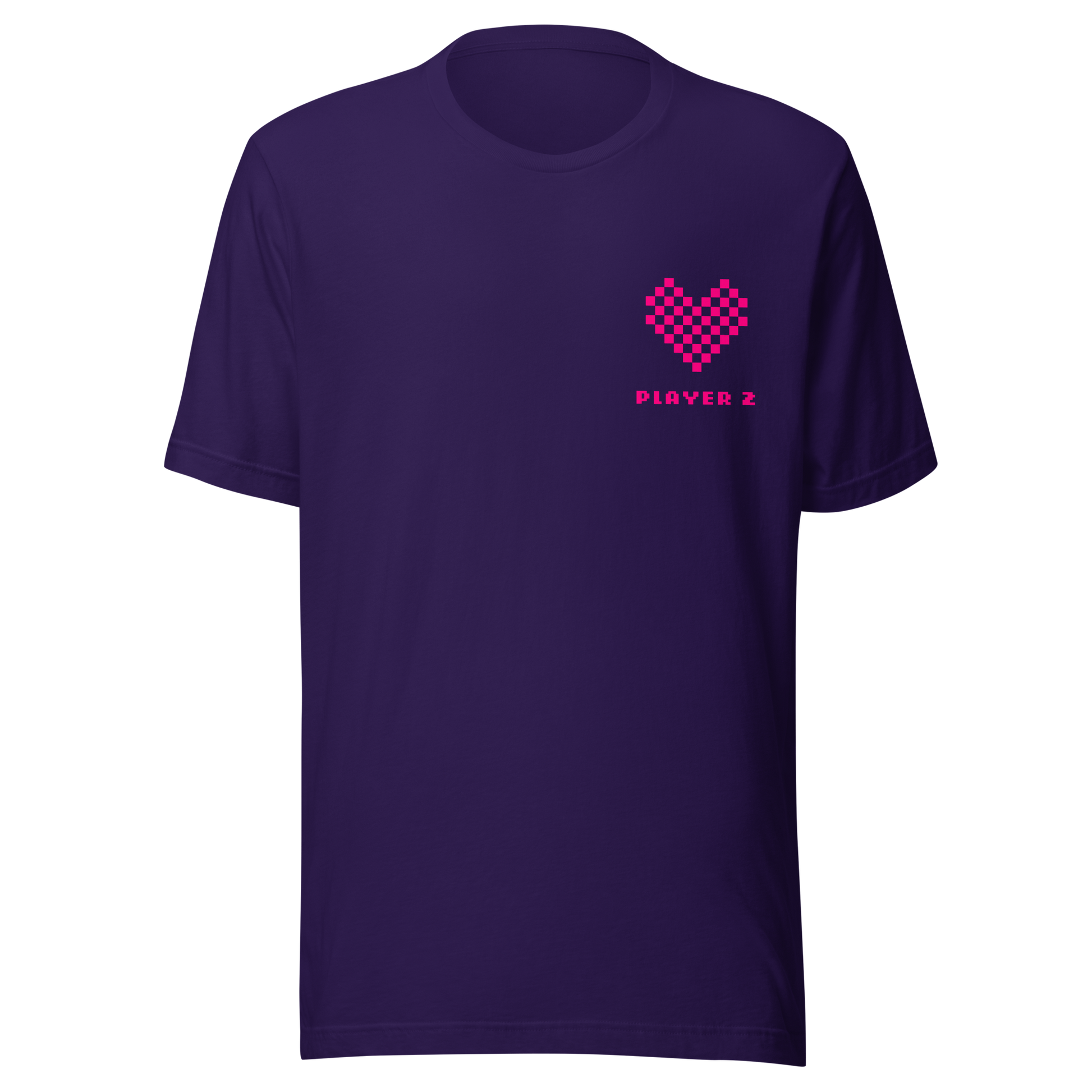 Lila Partnerlook Unisex T-Shirt mit pinkem Pixel Herz und Player2 Schriftzug