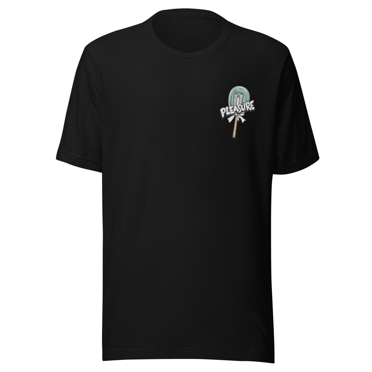 Schwarzes T-Shirt mit kleinem Lutscher mit Klinge im Kern und Pleasure Schriftzug