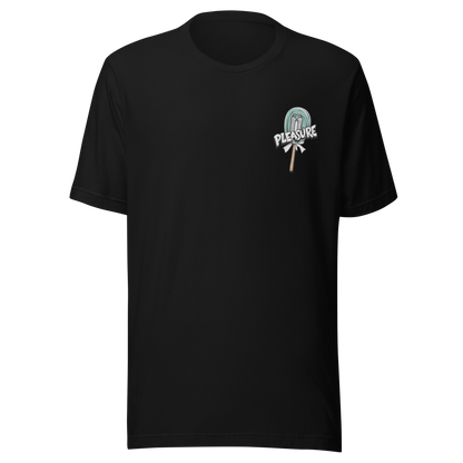 Schwarzes T-Shirt mit kleinem Lutscher mit Klinge im Kern und Pleasure Schriftzug