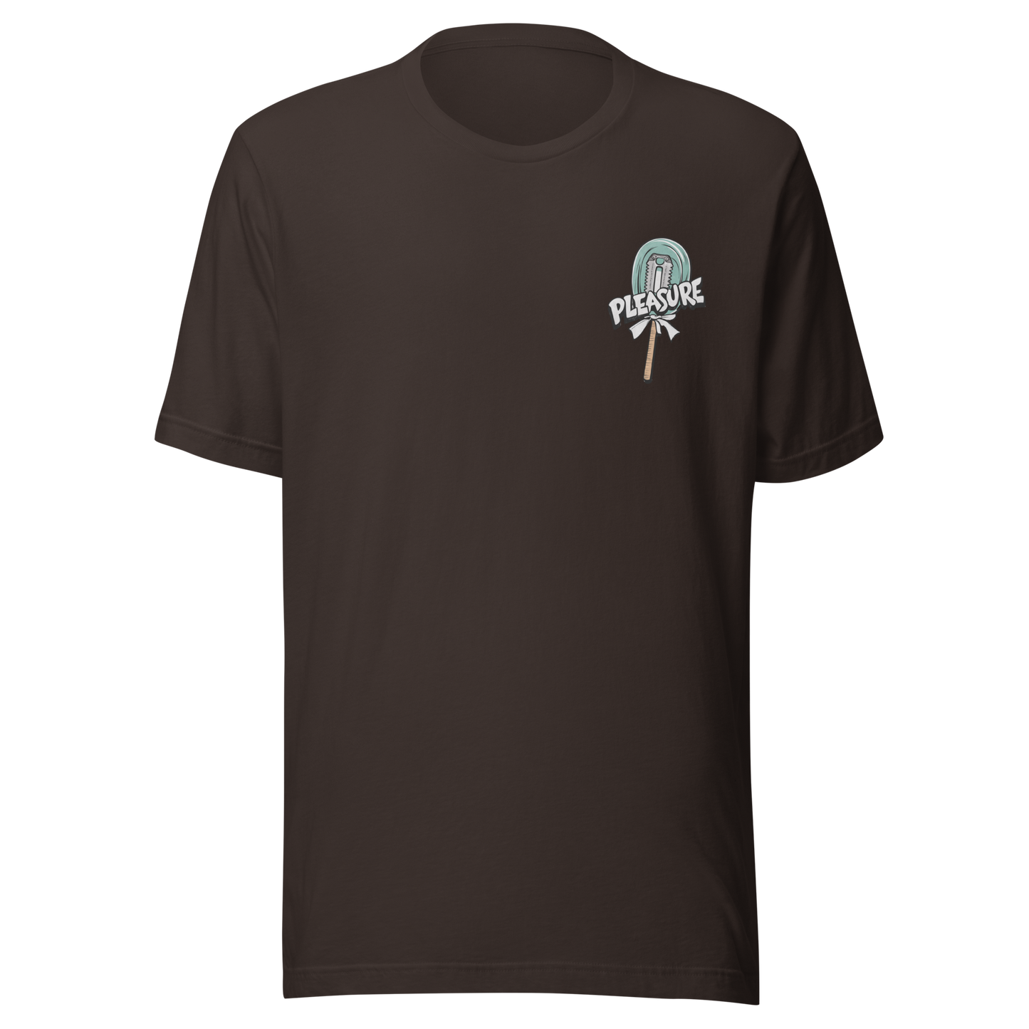 Braunes T-Shirt mit kleinem Lutscher mit Klinge im Kern und Pleasure Schriftzug
