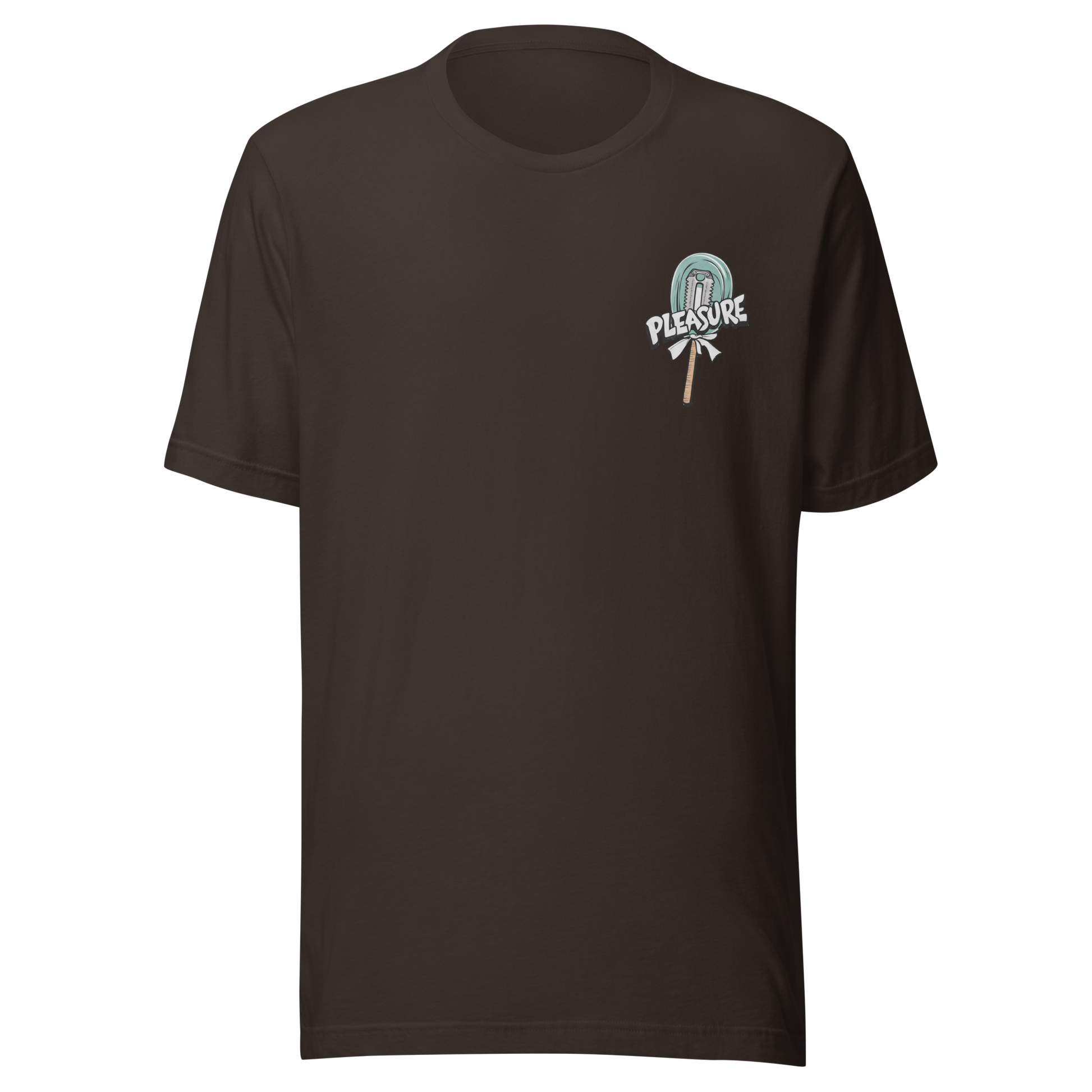 Braunes T-Shirt mit kleinem Lutscher mit Klinge im Kern und Pleasure Schriftzug