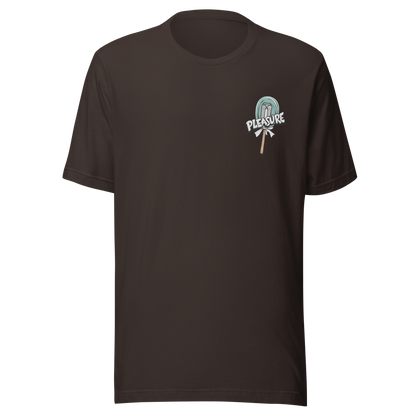 Braunes T-Shirt mit kleinem Lutscher mit Klinge im Kern und Pleasure Schriftzug