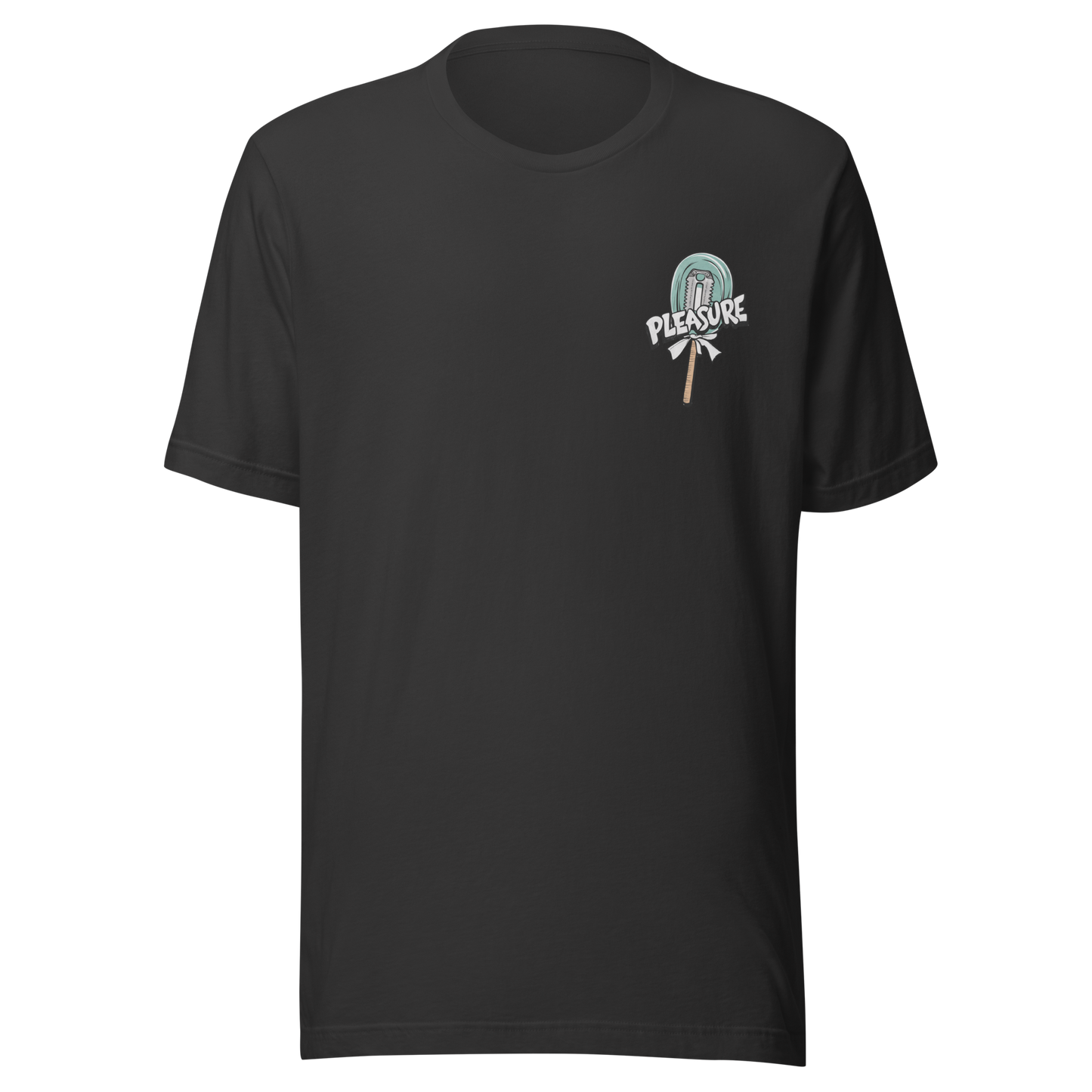Dunkelgraues T-Shirt mit kleinem Lutscher mit Klinge im Kern und Pleasure Schriftzug