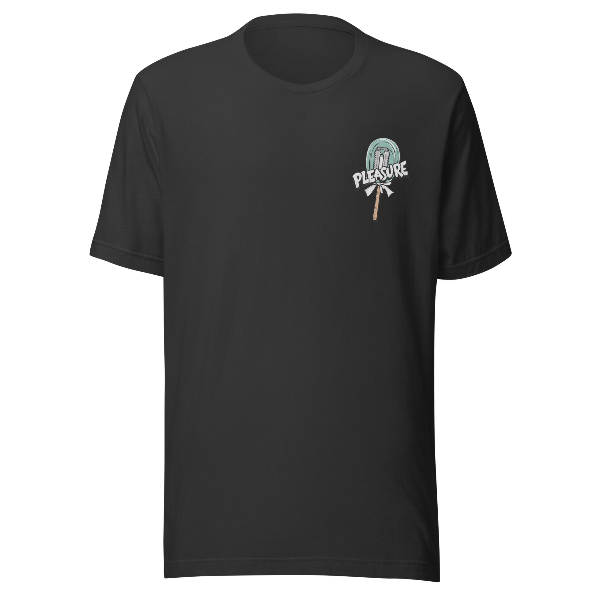 Dunkelgraues T-Shirt mit kleinem Lutscher mit Klinge im Kern und Pleasure Schriftzug