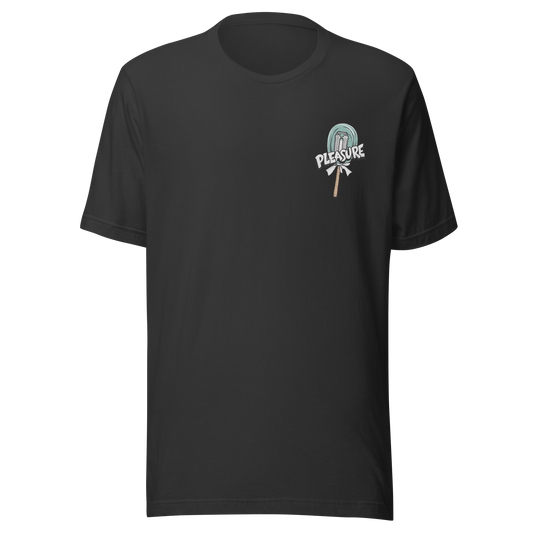 Dunkelgraues T-Shirt mit kleinem Lutscher mit Klinge im Kern und Pleasure Schriftzug