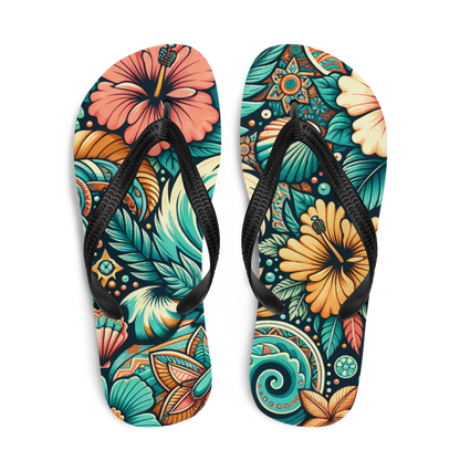 Obenansicht Flip-Flops mit buntem verschlungenem blau orangem Blumenmuster