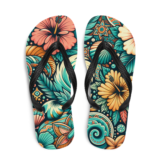 Obenansicht Flip-Flops mit buntem verschlungenem blau orangem Blumenmuster