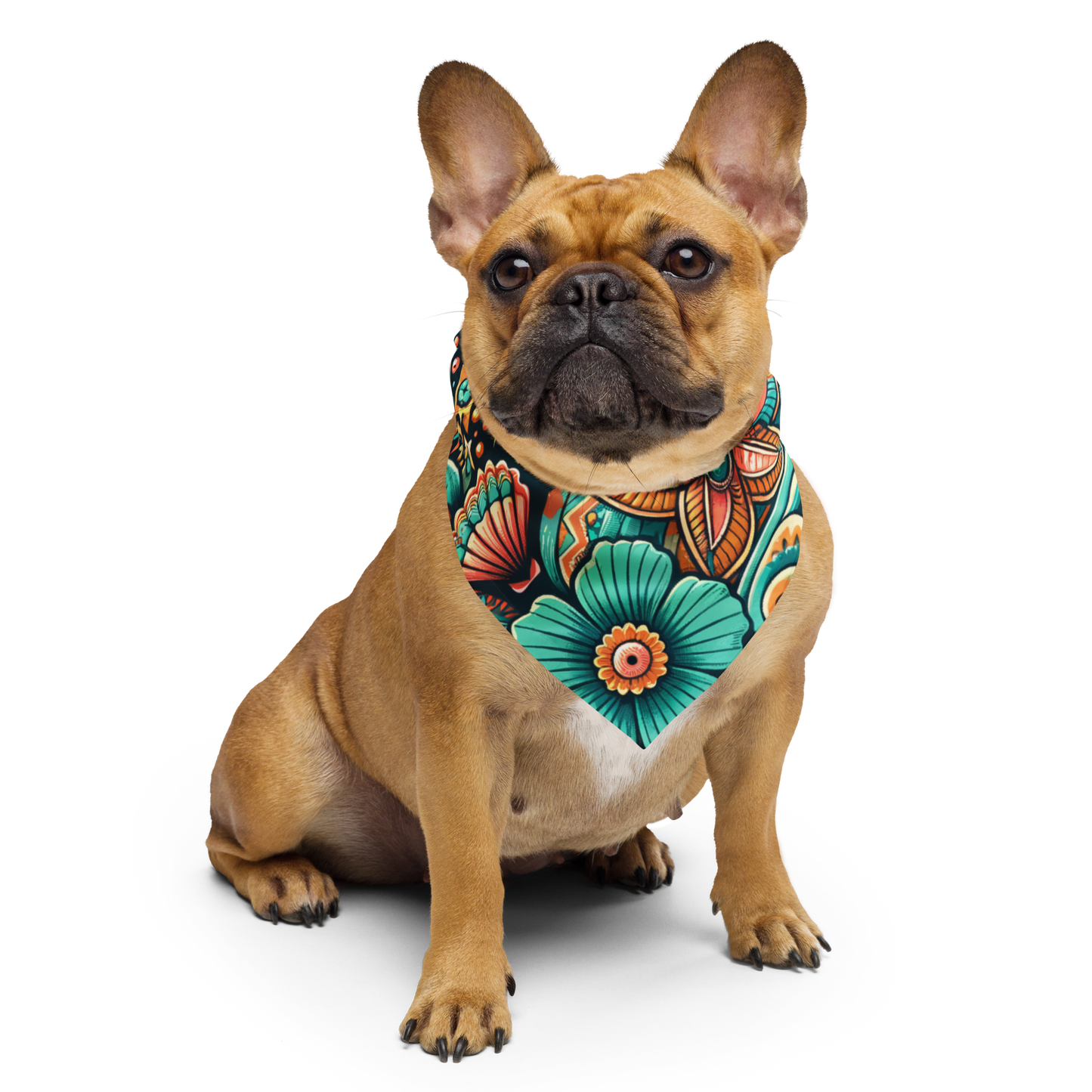 Hund trägt Bandana mit buntem blau orangenem Blumenmuster